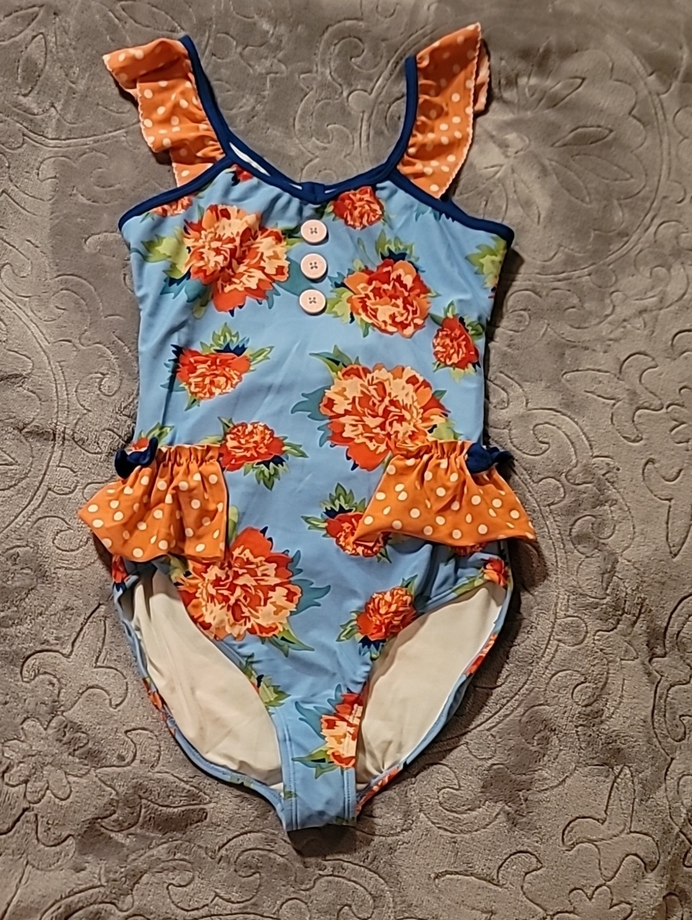 Matilda Jane Blue Floral One-Piece Swimsuit with Orange Accents